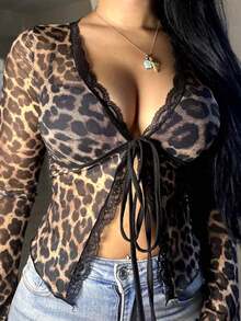 Top de mujer con estampado de leopardo, contraste de malla y encaje, escote en V, manga campana, ajuste regular, estampado completo, animal, estampado de leopardo, patrón texturizado, para uso casual diario, estilo Y2K, para primavera/otoño - Marrón - Ver 5