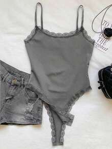 Body Con Tirantes Finos Y Ribete De Encaje Para Mujer - Gris Oscuro - Ver 4