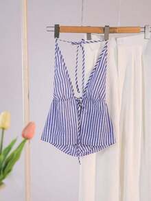Top sin espalda con envoltorio y rayas para mujer - Azul - Ver 3