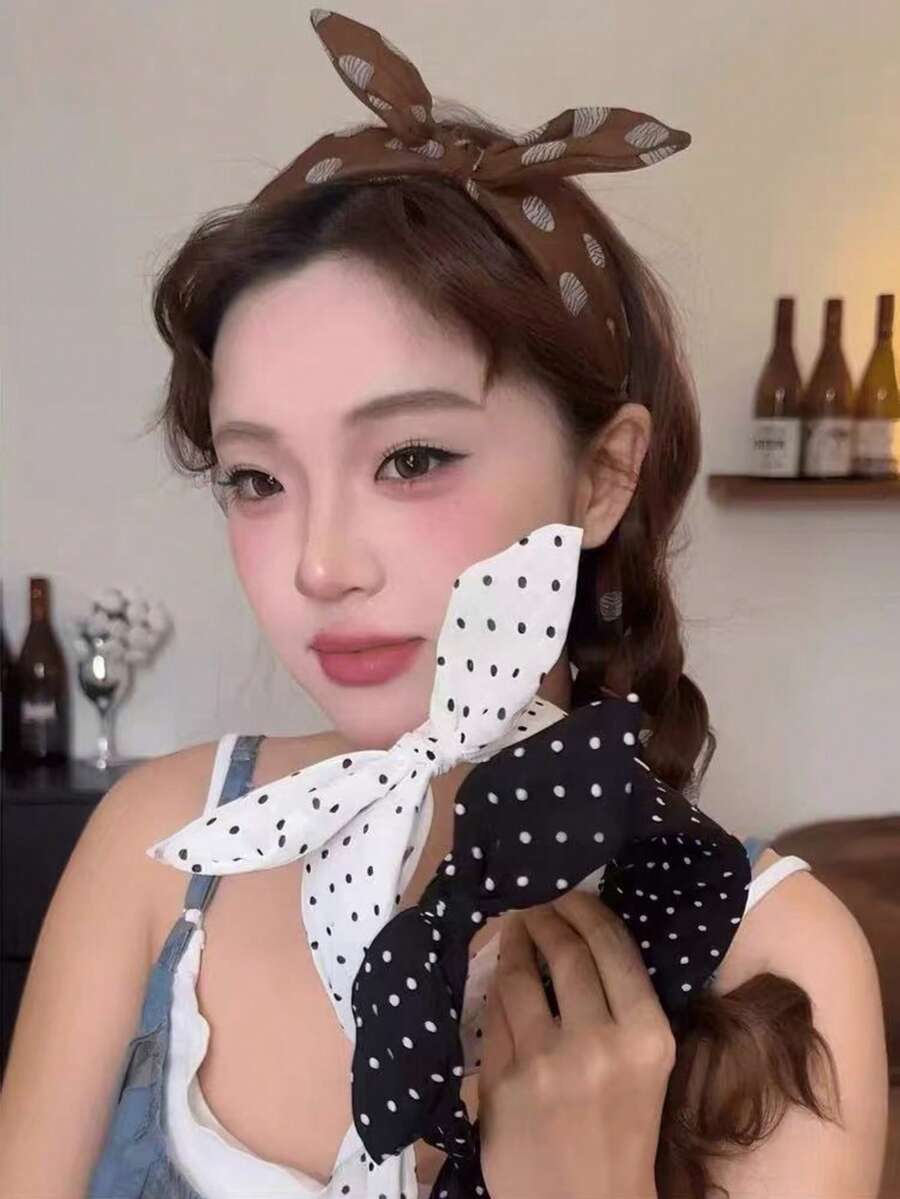 1件女款圓點蝴蝶結兔耳布料寬髮帶,復古休閒髮飾,適合日常穿搭與度假 - 彩色 - 查看 1