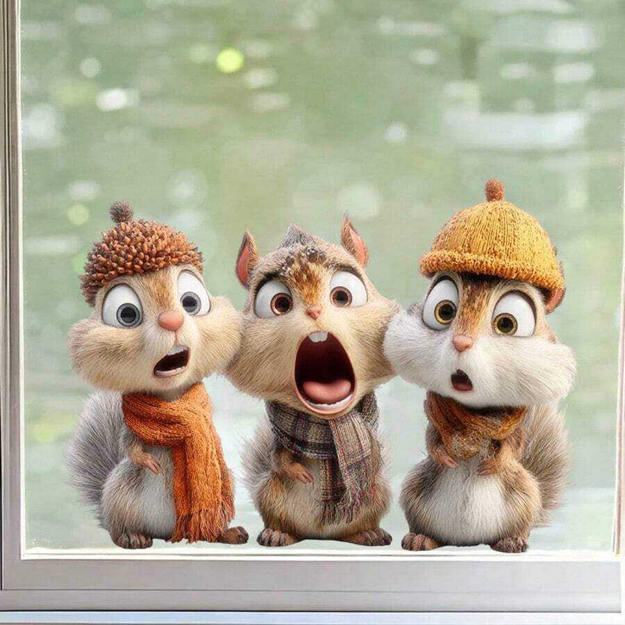 1pc Peeking Three Squirrels Glass Sticker, Funny Animal Themed Decal, For Pranks And Everyday Use, Home Window Decoration Window Glass Supplies Sticker