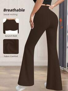 Pantalones acampanados de cintura alta de unicolor casual y deportivo para primavera - Marrón - Ver 5