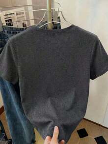 Camiseta de manga corta con cuello redondo y bordado de ballena, estilo casual para mujer, primavera/verano - Gris Oscuro - Ver 2