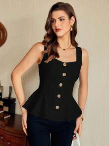 Blusa de mujer vintage, elegante y clásica, con cierre de botones metálicos con forma de flor, blusa sin mangas blanca, para primavera/verano - Negro - Ver 3