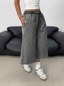 Pantalones vaqueros anchos de cintura con cordón de mezclilla elástica desgastada a la moda Y2K para adolescentes, pantalones cortos bohemios de verano para playa y vacaciones para niñas, conjuntos informales de verano para conciertos y festivales, - Negro 2 - Ver 4