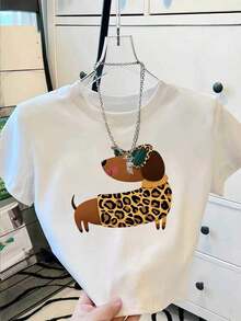 Plus Size Women's Short Sleeve T-Shirt With Leopard And Sausage Print, Round Neck, Regular Fit With High Stretch, Stylish Graphic Tee With Animal Print - 白色的 - 查看 1