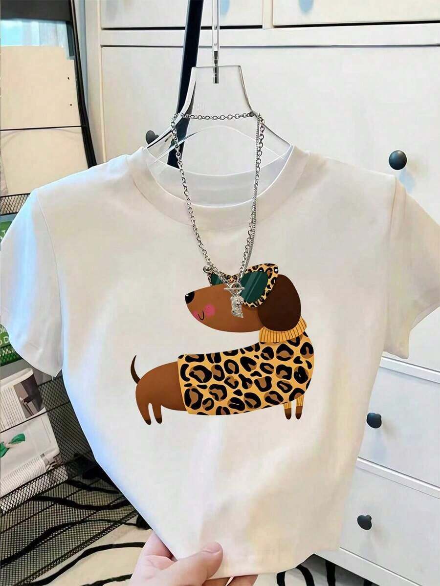 Plus Size Women's Short Sleeve T-Shirt With Leopard And Sausage Print, Round Neck, Regular Fit With High Stretch, Stylish Graphic Tee With Animal Print - 白色的 - 查看 1