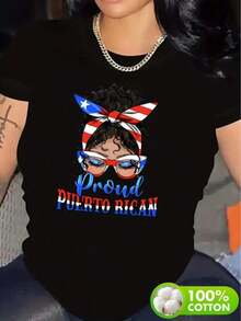 [Women's Plus Size Clothing] American Girl Graphic Crew Neck Short Sleeve Sports T-Shirt, Women's Activewear - 黑色 - 查看 7