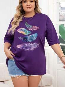 Camiseta gráfica de talla grande con estampado de plumas y hombros caídos para mujer - Morado - Ver 3