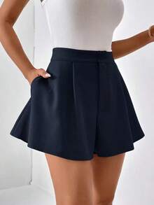 Shorts de pierna ancha unicolor con bolsillo oblicuo - Azul marino - Ver 7