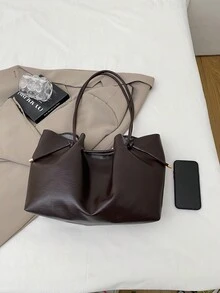 2 chiếc túi tote nữ màu đen có lớp lót chần bông, túi đeo vai thời trang dung tích lớn với khóa bấm, phong cách đường phố thường ngày, thích hợp cho chụp ảnh và đi làm hàng ngày. - Cà phê - Xem 3