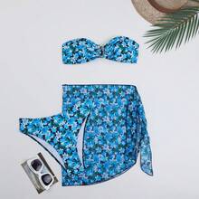 Traje de baño de dos piezas para mujer, bikini metálico en forma de U, traje de baño estampado de tres piezas - Azul - Ver 11