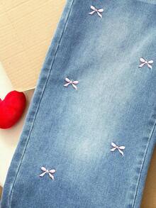 Jeans de pierna ancha para adolescentes, nuevos pantalones rectos con diseño bordado de moño, pantalones vaqueros holgados, pantalones vaqueros holgados para mujer, pantalones vaqueros holgados para niñas, pantalones vaqueros holgados para - Azul 5 - Ver 5