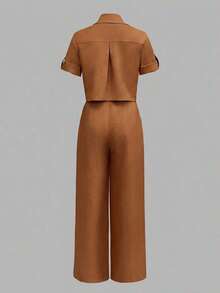 ANCHOSE Conjunto de camisa de manga corta con cuello vuelto y botones + pantalones de pierna ancha con cintura elástica alta, estilo minimalista y casual para ir al trabajo, para mujer - Naranja quemado - Ver 3