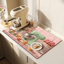 1 pieza Tapete de secado de platos, Tapete para máquina de café, Fondo a rayas rosa con decoración de pastel de color macaron, Patrón floral dulce Tapete absorbente de drenaje, Adecuado para mesa de comedor y cafetería, Almohadilla de drenaje multiusos, Regalo para el hogar, Decoración de escritorio - XYLSD-381 - Ver 3