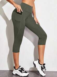 Mallas deportivas de cintura ancha con bolsillo para teléfono, pantalones de yoga para mujer - Verde militar - Ver 8