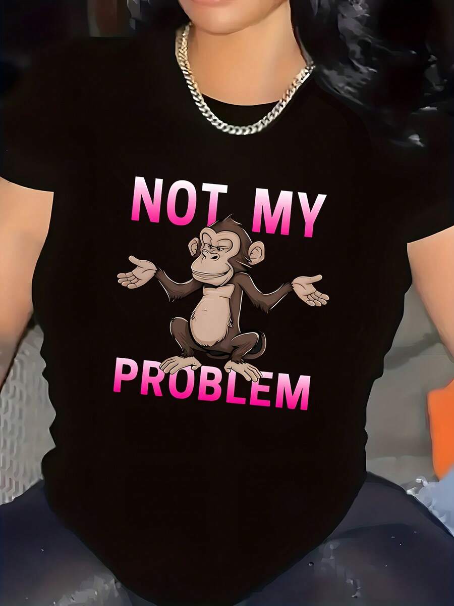 Camiseta de Mujer a la Moda, Talla Grande, con Estampado Divertido de Mono, Cuello Redondo, Lavable a Máquina - Negro - Ver 1