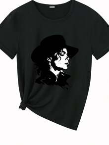 Camiseta Casual de Mujer Nueva Colección Otoño - Estampado Clásico Retrato, Cómoda y Elegante con Cuello Redondo para Deportes Correr Moda, Personalidad Divertida Suave Transpirable Ropa casual Fiesta Celebración Vacaciones Navidad Halloween Campus Graduación Regalo Unisex Pareja Hermana Conjunto - Negro - Ver 2