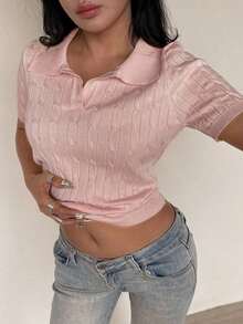 Blusa de punto de manga corta con cuello polo de unicolor simple para uso diario y casual de verano de las mujeres - Rosa - Ver 3