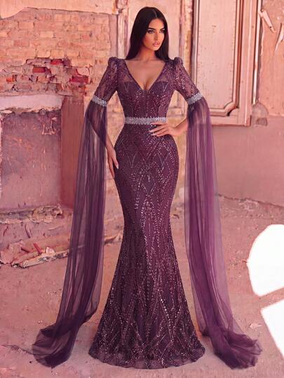 Faeriesty Đầm dạ hội và đầm cocktail sang trọng cổ chữ V dài, thêu sequin, thích hợp cho kỳ nghỉ hoặc đám cưới.