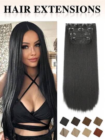 nimoki 20-Inch 4pcs Natural Black Straight Heat-Resistant Synthetic Fiber Hair Extensions, Suitable For Women And Girls For Music Festival, Party, Cosplay, And Daily Use