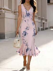 Vestido ajustado de cola de pez con cuello en V profundo y sin mangas con estampado floral rosa para mujer - Púrpura malva - Ver 5