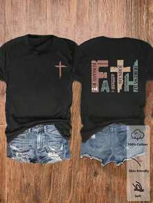 Camiseta de algodón 100% con cuello redondo, manga corta y estampado de perlas falsas, top casual de verano para mujer - Negro 2 - Ver 5