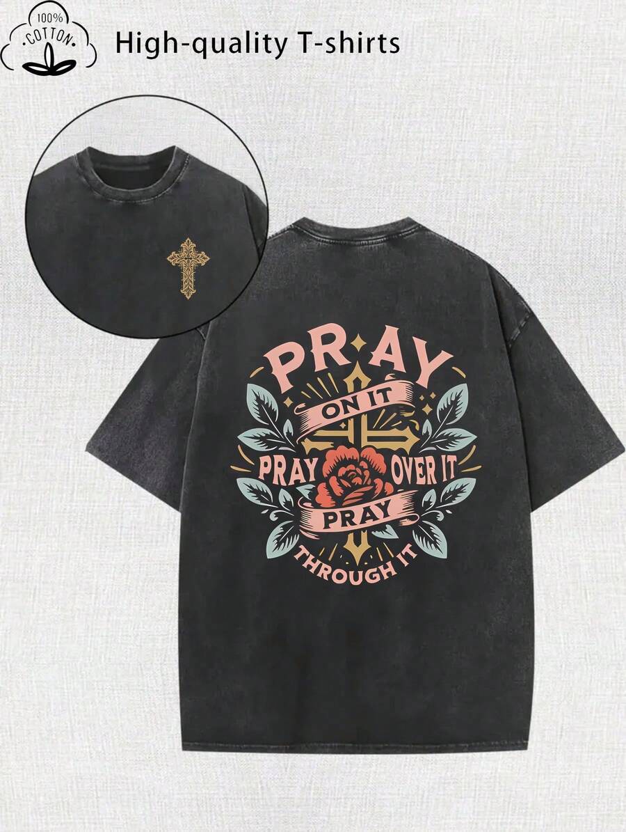 Women's T-Shirt, Modern Print, Vintage Wash, Thick Cotton 220g, Urban Vintage Style, Round Neck, Short Sleeves, Machine Washable, Casual Spring/Summer Wear, Loose Fit, Unique Blouses, Women's T-Shirt, National Brand, Shipping - 黑色 - 查看 1