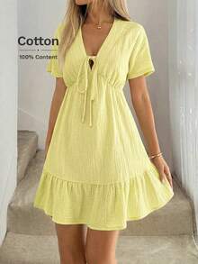 Vestido paraguas con cuello en V, lazo en los hombros, mangas caídas, cintura recogida, volantes en el bajo, de doble capa con textura de crepé 100% algodón, casual, relajado y elegante para uso diario, vacaciones, primavera y verano para mujeres - Amarillo - Ver 3