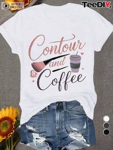 Camiseta casual de manga corta para mujer de talla TEEDIY - Estampado gráfico de contorno y café, patrón geométrico, cuello redondo, comodidad para todas las estaciones, blanco con diseño rosa y marrón, ajuste relajado para atuendo casual, camiseta de café, comodidad diaria, diseño juguetón, tejido duradero, camiseta cómoda, camiseta elegante, material suave, camisa estampada, mujeres curvas - Blanco - Ver 4