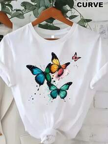 Camiseta Oversize para Mujer - Estampado Azul Turquesa y Rosa, Manga Corta, Cuello Redondo, 100% Ajuste Holgado, Camisa Casual con Base Blanca y Mariposas Multicolor, Ropa Lavable a Máquina para Todas las Temporadas - Estilo Urbano Vintage, Camiseta Unisex de Algodón Holgada de Manga Corta y Cuello Redondo. - Blanco - Ver 7