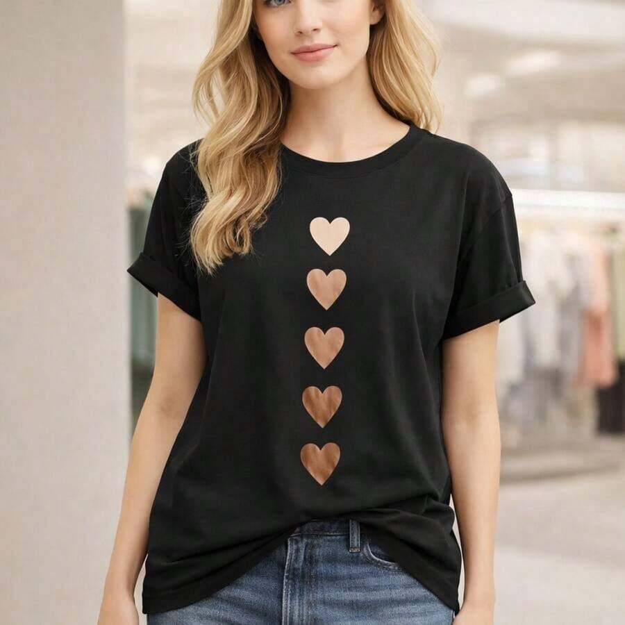Women's Plus Size Cotton T-Shirt, M-5XL, Basic T-Shirt With Rose Gold Heart Print, Short Sleeve, Round Neck, Casual Style, Loose Fit, Summer Fashion, Plus Size Clothing For Everyday Wear, Suitable For Spring, Summer And Autumn. - 黑色 - 查看 1