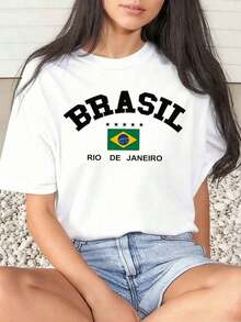 1 Piece Women's T-Shirt With Brazil And Rio De Janeiro Flag Print, For Carnival, Daily Use, Round Neck, Short Sleeve, Soft And Comfortable, 220g/180g, 100% Cotton - 黑色 - 查看 6