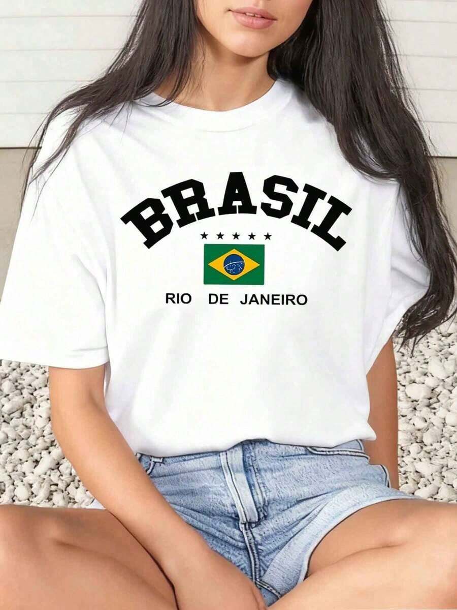 1 Piece Women's T-Shirt With Brazil And Rio De Janeiro Flag Print, For Carnival, Daily Use, Round Neck, Short Sleeve, Soft And Comfortable, 220g/180g, 100% Cotton - 白色 - 查看 1