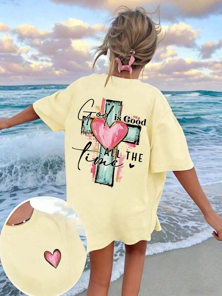 Camiseta Ligera de Verano con Estampado de Letras y Cruz Dibujadas a Mano, Camiseta Religiosa Cristiana 'Dios Siempre Es Bueno', Ropa de Fe Unisex Casual de Manga Corta y Cuello Redondo - Amarillo - Ver 1