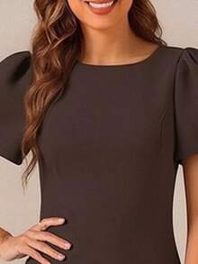 Vestido corto liso primavera 2026, cuello redondo con bolsillos estilo casual - Marrón - Ver 2
