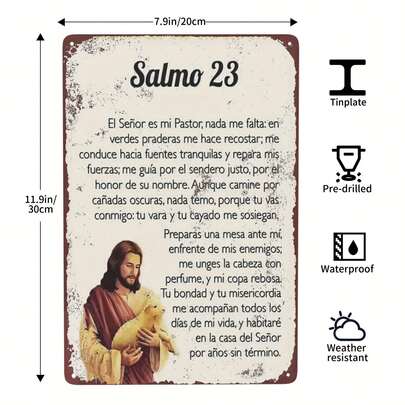 1 Piece Of Psalm 23 Metal Wall Plaque, Adorned With Of Jesus And - Bilingual English/Spanish Bible Verse (Psalm 23), Vintage Spanish And English Religious Decoration, Suitable Home,, And Cafe, Made Of Durable Iron Material, Easy To Hang, An And Housewarming, Timeless Biblical Art