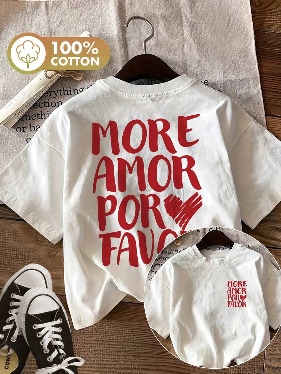 [Impresión a Doble Cara]Camiseta de Mujer - Estilo Apasionado, Estampado de Corazones y Letras, "Más Amor Por Favor," Algodón Puro, Casual, Versátil, Cuello Redondo, Manga Corta, Camiseta Estampada para Mujer - Estilo Urbano Vintage, Camiseta Unisex de Algodón Holgada de Manga Corta y Cuello Redondo para Mujer. blusas.blusas casuales para dama. - Blanco - Ver 1