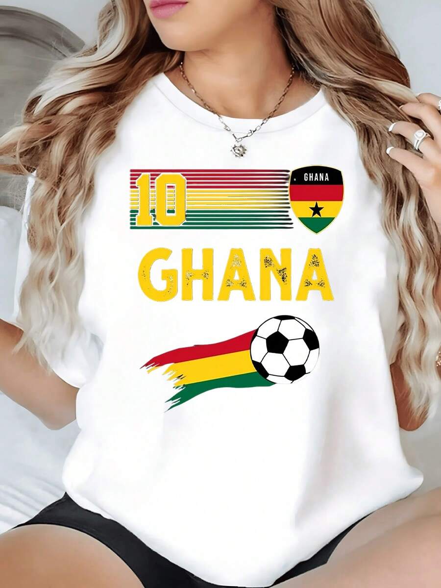 Bandera de Ghana con número diez y balón representando pasión por el fútbol y orgullo nacional con colores vibrantes rojo amarillo y verde camiseta de mujer casual deportiva cómoda - Blanco - Ver 1