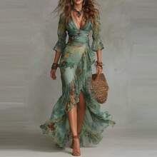 New Summer Women's Floral V Neck Long Dress European American Style Elegant Printed Holiday Dress - 綠色 - 查看 1