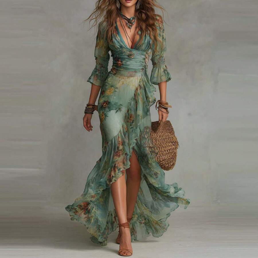 New Summer Women's Floral V Neck Long Dress European American Style Elegant Printed Holiday Dress - 綠色 - 查看 1