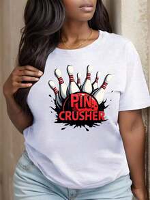 Camiseta de Cuello Redondo Estampada para Mujer, Diseño de Bolas de Bowling Pin Crusher, Ropa para Fiestas y Festivales, Blusas para Mujer - Blanco - Ver 3