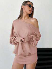 Vestido corto y ajustado de manga larga, asimétrico y sexy para mujer, para festivales de música y estilo streetwear moderno - Marrón Mocha - Ver 7