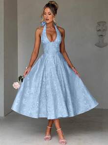 Vestido sin mangas con cuello en V y diseño texturizado elegante para fiesta - Azul - Ver 5
