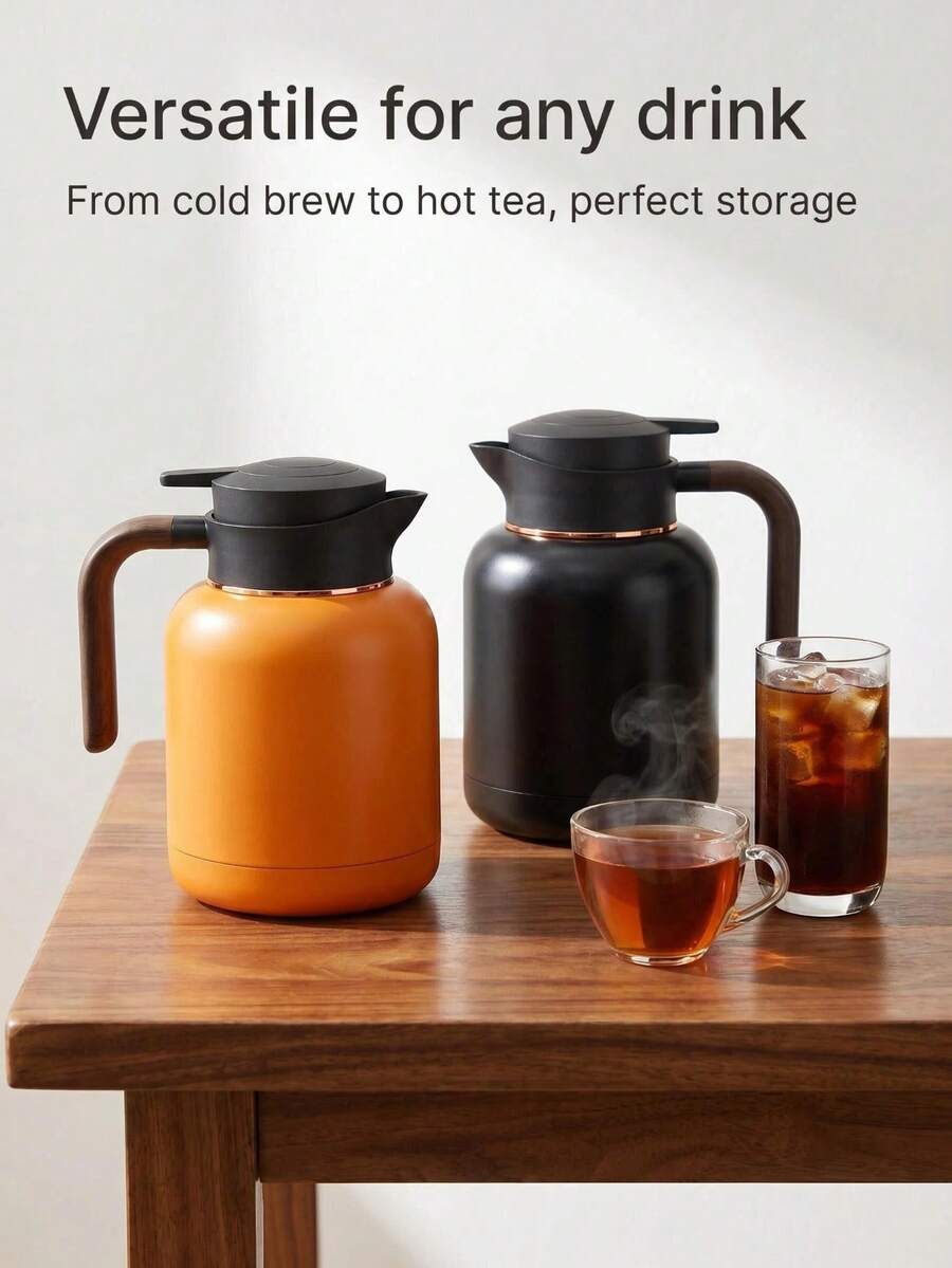 1500ML Stainless Steel Thermal Coffee Carafe, Wooden Handle Vacuum Insulated Pot, Double Wall Keep Hot & Cold 24H, Multipurpose For Cold Brew Coffee, Tea, Home Office Drink Storage Carafe - Multicolor - View 1