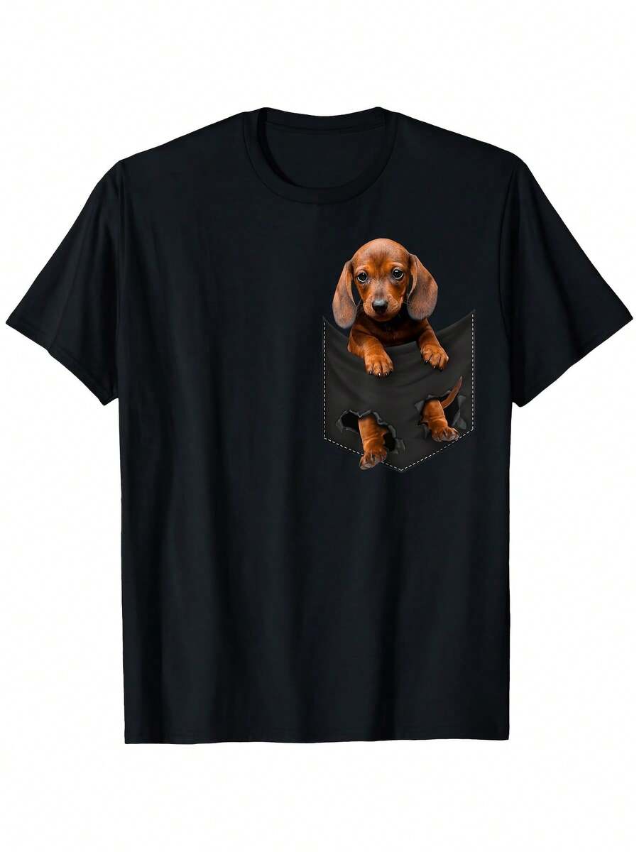 Funny Pocket Dachshund T-Shirt For Dachshund Dog Lovers - Adorable Dachshund Puppy Design Looking Out Of Pocket, Casual 100% Cotton T-Shirt Sizes S-XXXL, Gift For Men And Women (Black) - Suitable For All Year - 黑色 - 查看 1