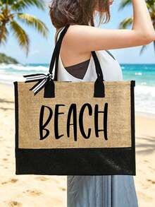 女款海灘托特包套組，附「BEACH」字母藝術圖案，包含大容量托特包、黑色時尚眼鏡、海灘帽、2個化妝包、1個輕量可重複使用購物袋及迷你錢包 - 彩色 - 查看 16