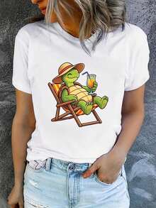 Women's Short-Sleeved Crew Neck T-Shirt, Casual, Made Of Pure Cotton, Ideal For Summer Vacation, Machine Washable, New Women's Clothing, Versatile For Going Out, Sporty Style. ZFB9 - 白色_02 - 查看 6