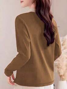 Camiseta de manga larga con cuello de polo para mujer, prenda exterior de moda, jersey informal de primavera, 2025 Nuevo otoño - Caqui - Ver 4