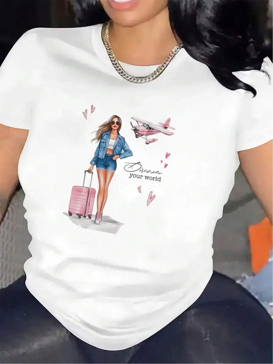 1 Short-Sleeved, Round-Neck T-Shirt, Suitable For Travel, Durable With Medium Elasticity And Print, Comfortable And Lightweight With A Mature Style, Perfect For Casual Wear In Restaurants Or Living Rooms, Ideal For Everyday Use, 180g 100% Cotton. - 白色 - 查看 1